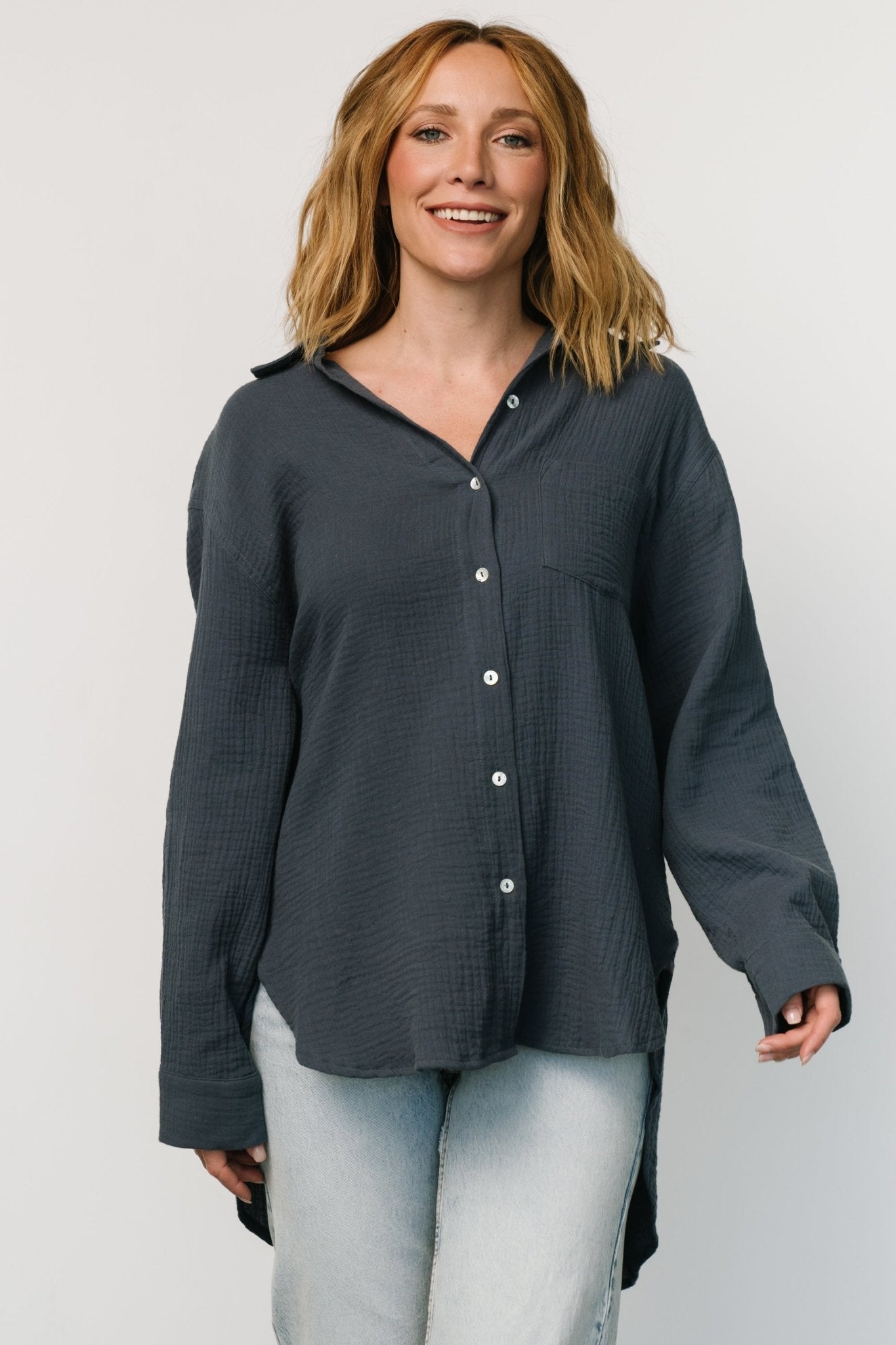 Hilde Oversized Button Top | Blue - Baltic Born