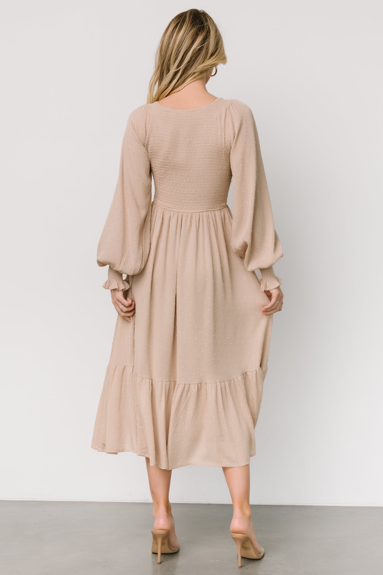 Lainey Smocked Dotted Midi Dress | Beige - Baltic Born