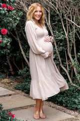 Lainey Smocked Dotted Midi Dress | Beige - Baltic Born