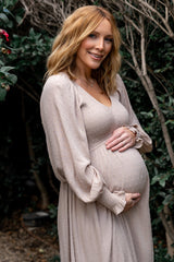 Lainey Smocked Dotted Midi Dress | Beige - Baltic Born