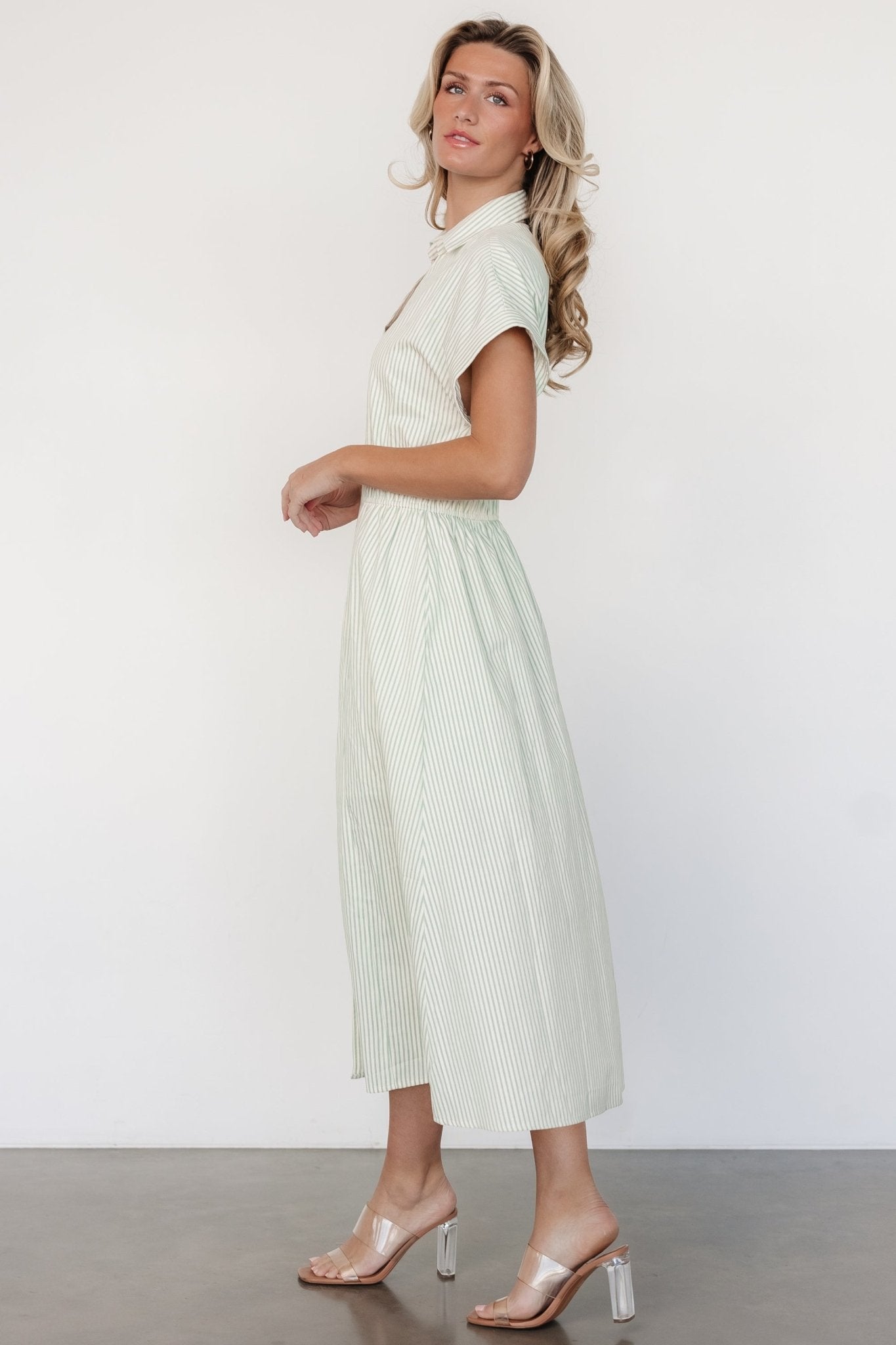 Larah Button Dress | Sage Stripe - Baltic Born