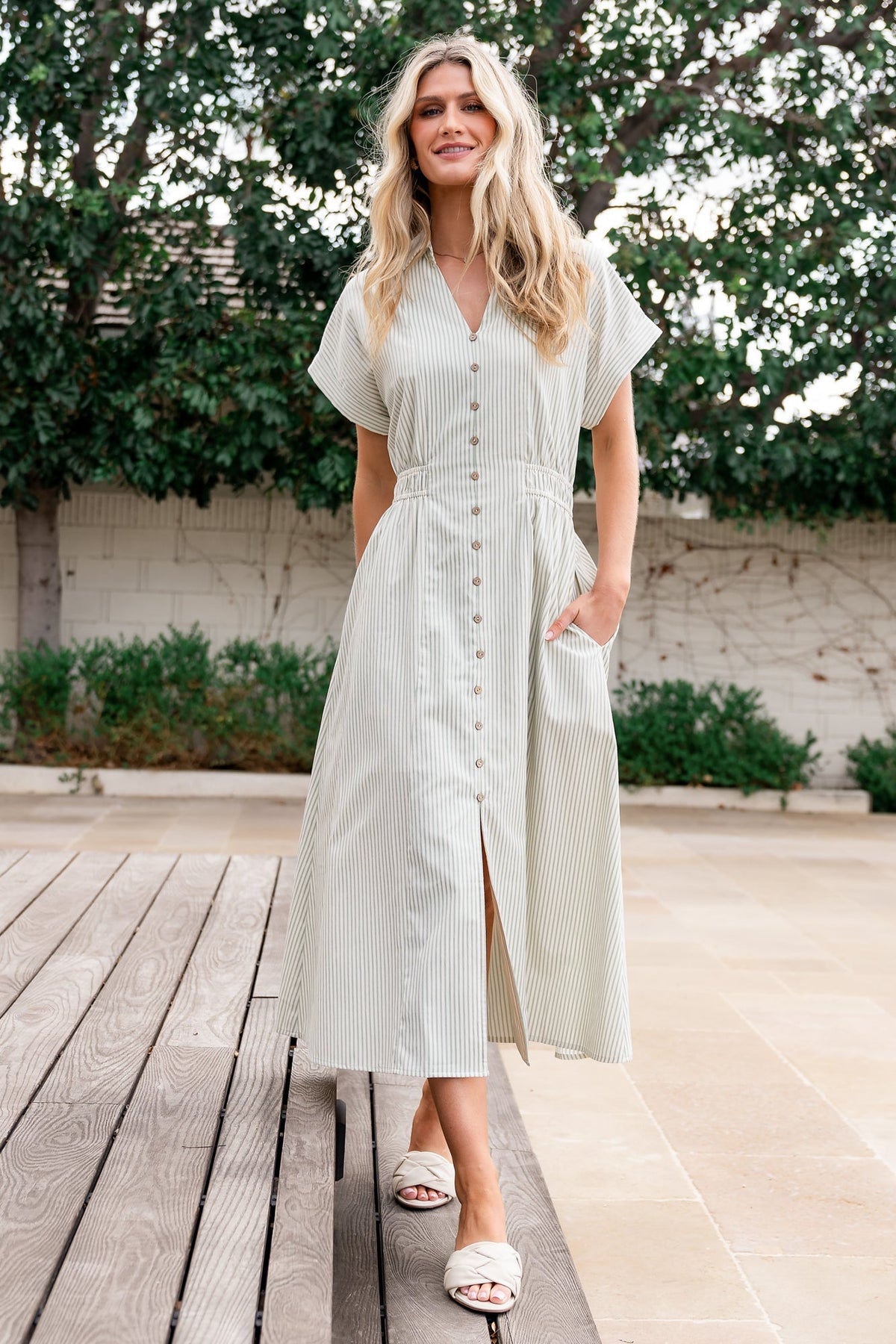 Larah Button Dress | Sage Stripe - Baltic Born