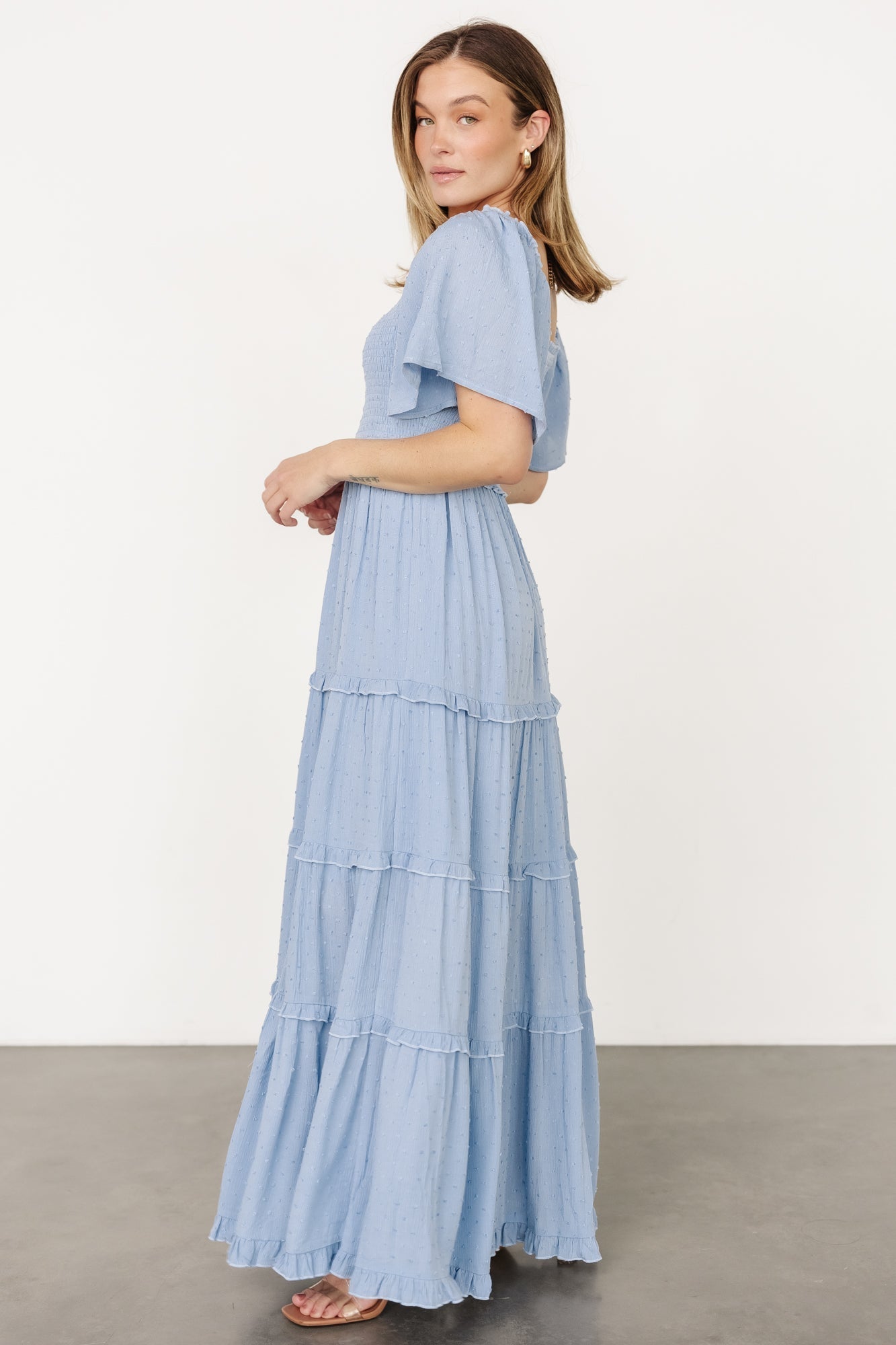 Lenora Smocked Dotted Maxi Dress | Dusty Blue - Baltic Born