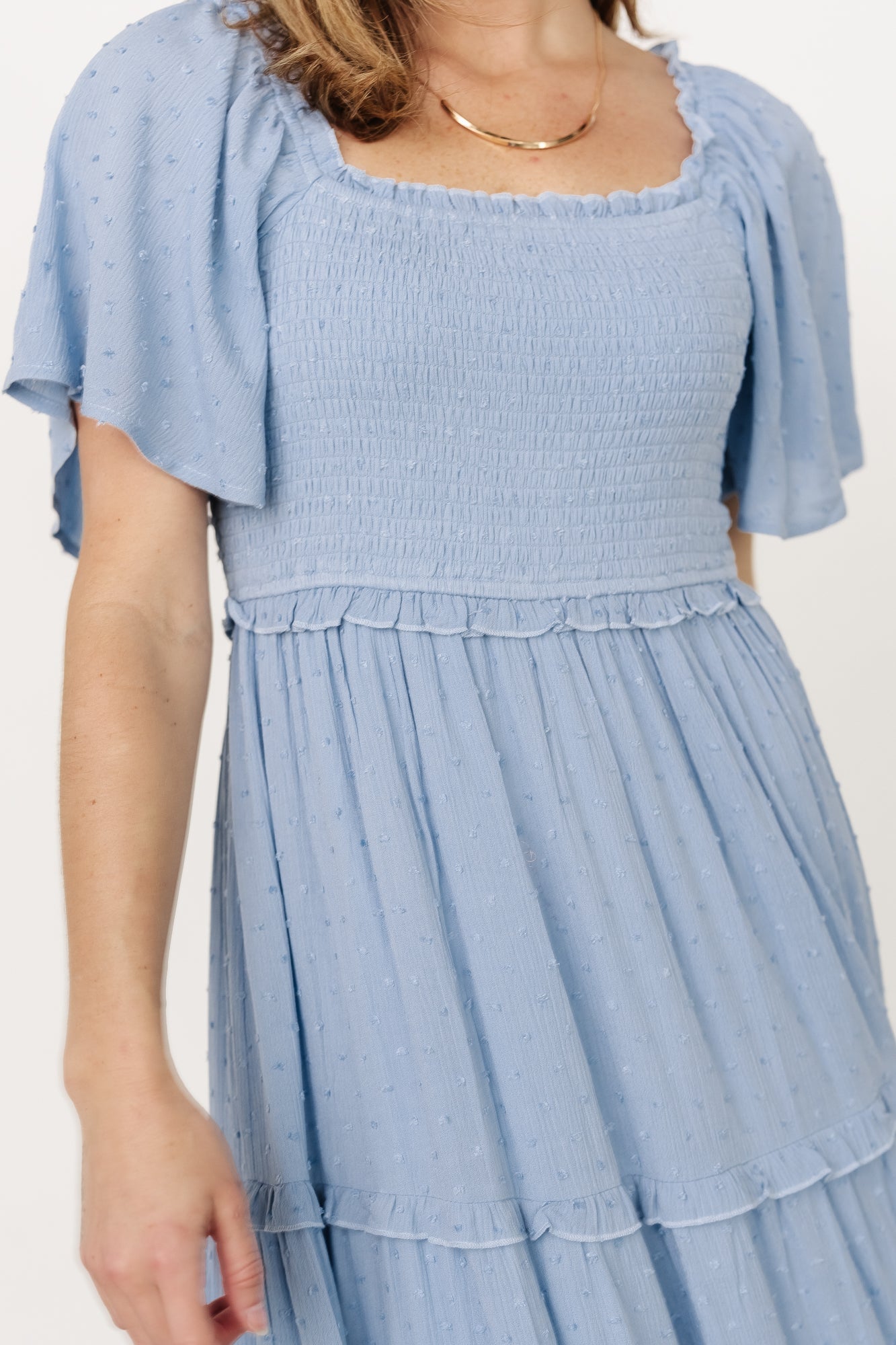 Lenora Smocked Dotted Maxi Dress | Dusty Blue - Baltic Born