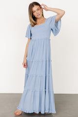 Lenora Smocked Dotted Maxi Dress | Dusty Blue - Baltic Born