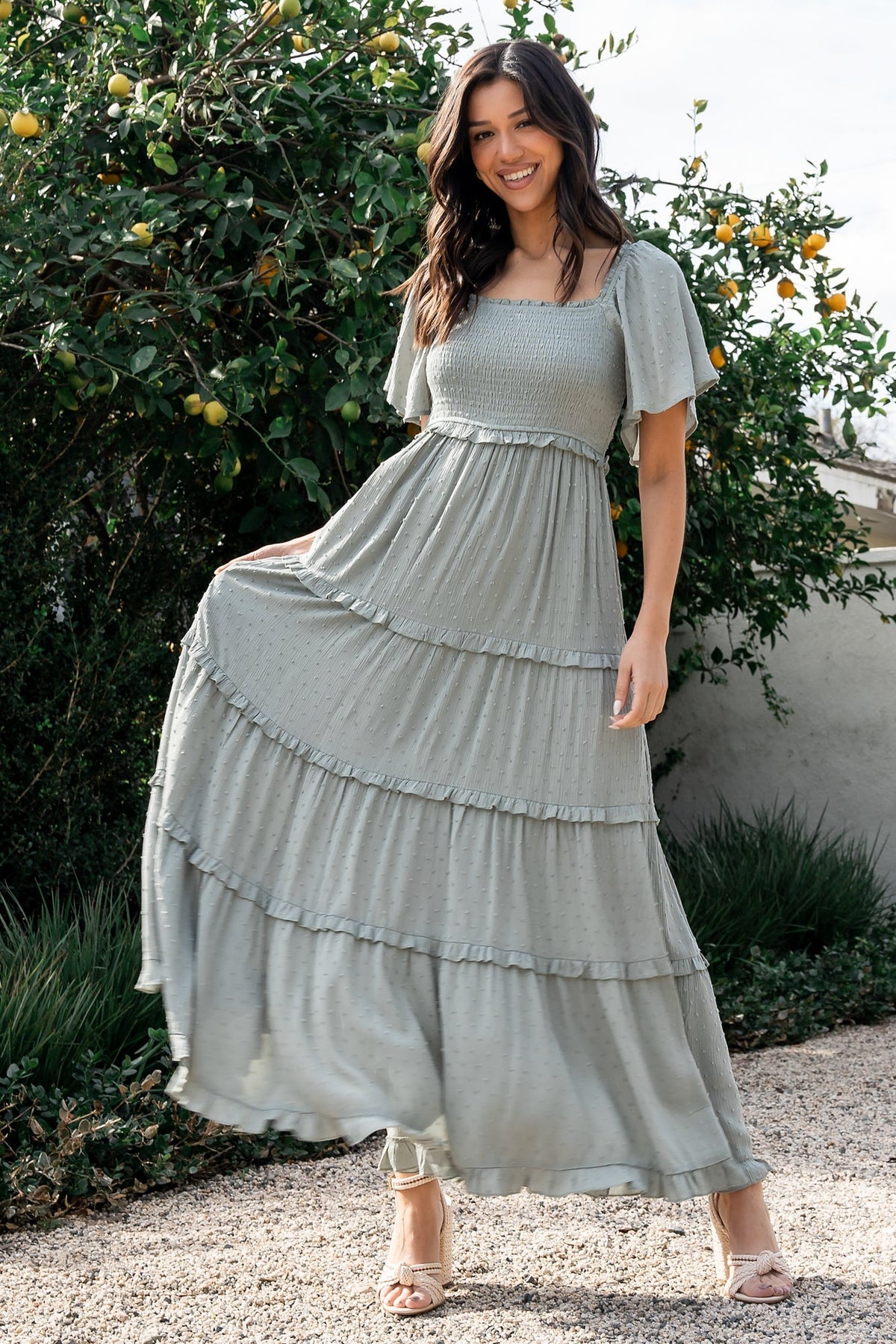 Lenora Smocked Dotted Maxi Dress | Sage - Baltic Born