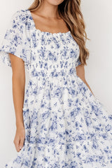 Lilla Tiered Midi Dress | Off - White + Blue Floral - Baltic Born