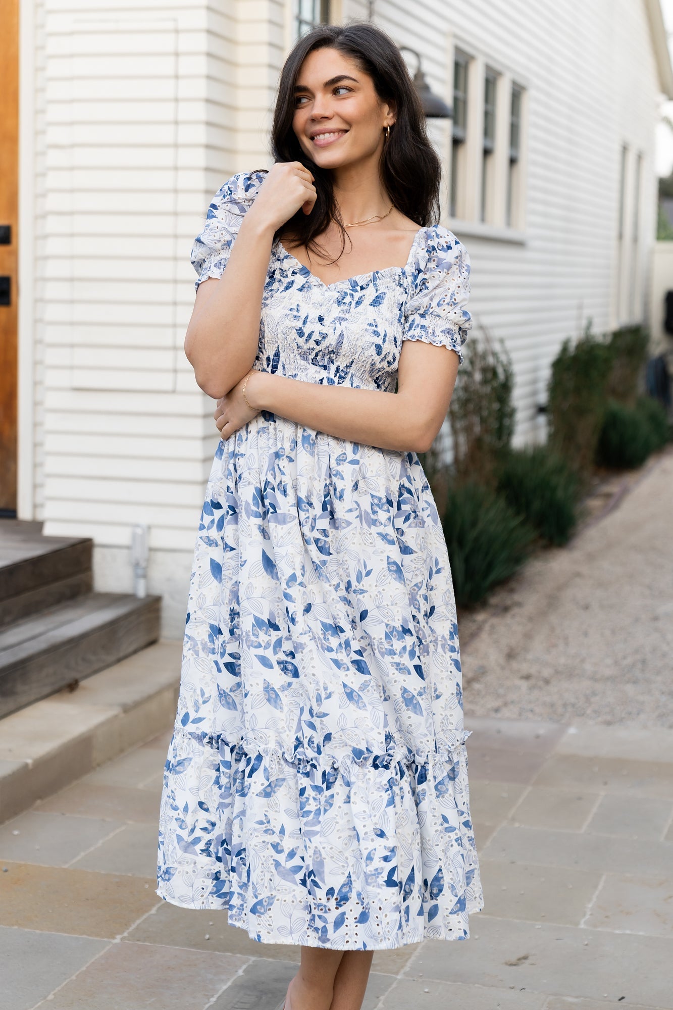 Piper Eyelet Midi Dress | Off White + Blue Floral - Baltic Born