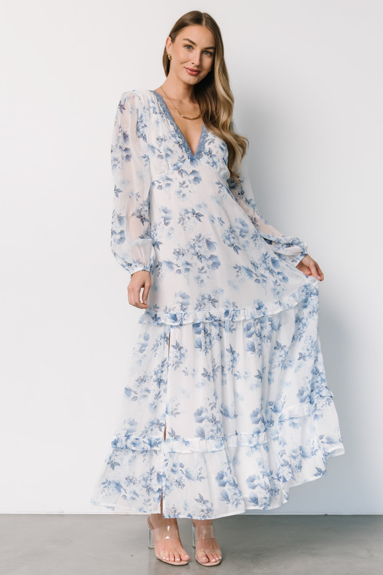 Rumi Deep V Maxi Dress | Off White + Blue Floral - Baltic Born