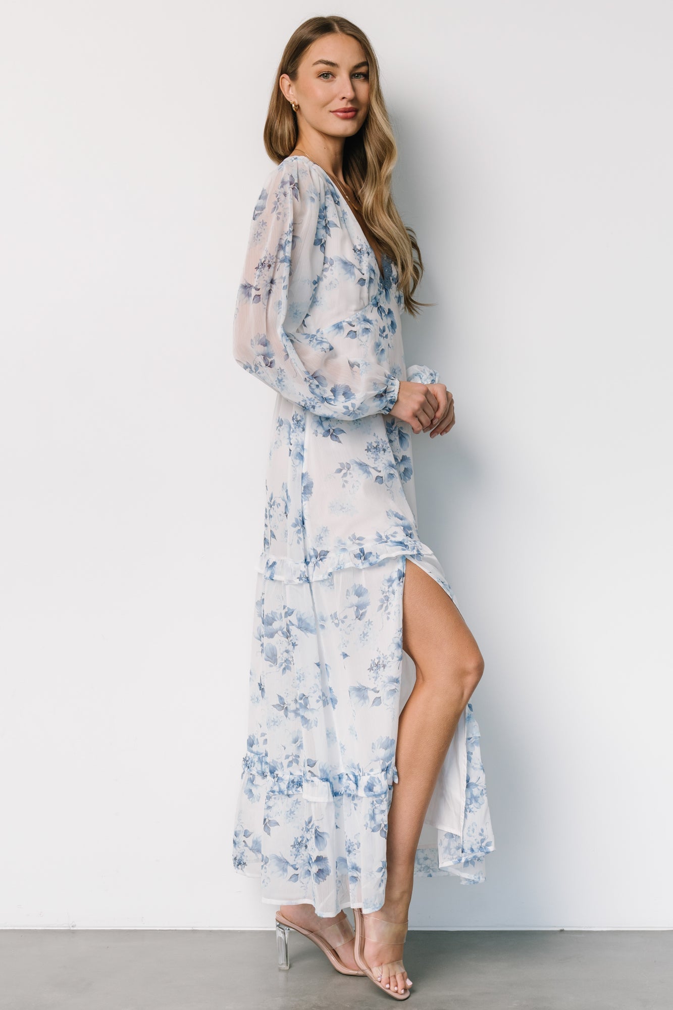 Rumi Deep V Maxi Dress | Off White + Blue Floral - Baltic Born