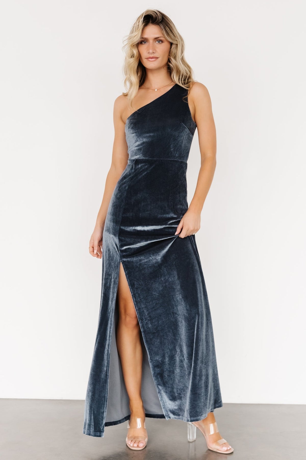 Tatiana Velvet One Shoulder Maxi Dress | Slate Blue - Baltic Born