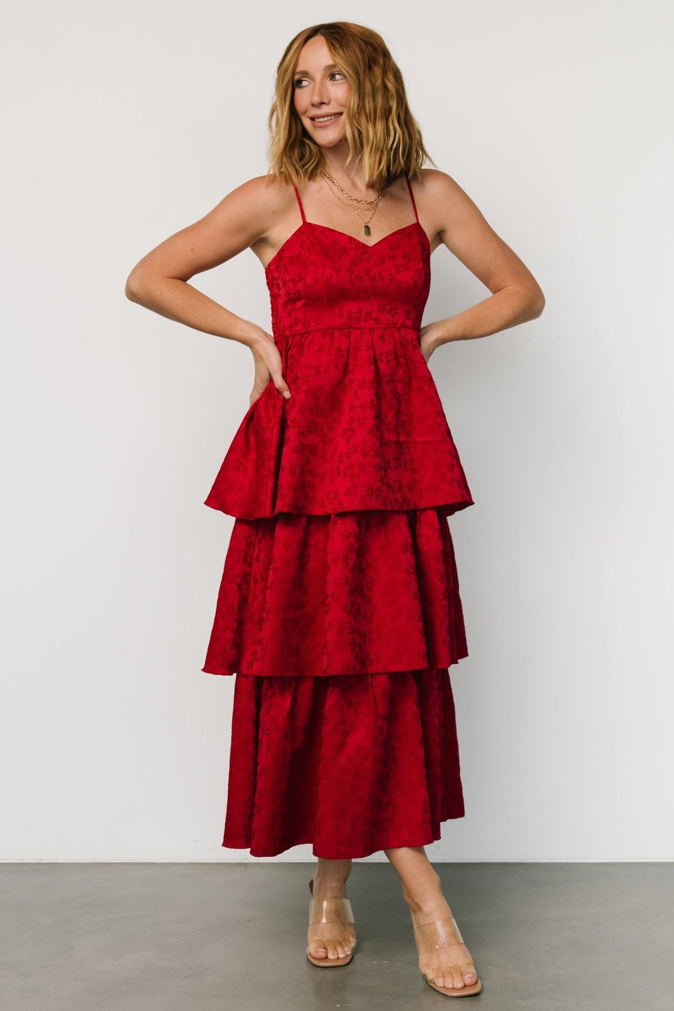 Violetta Embossed Tiered Dress | Deep Red